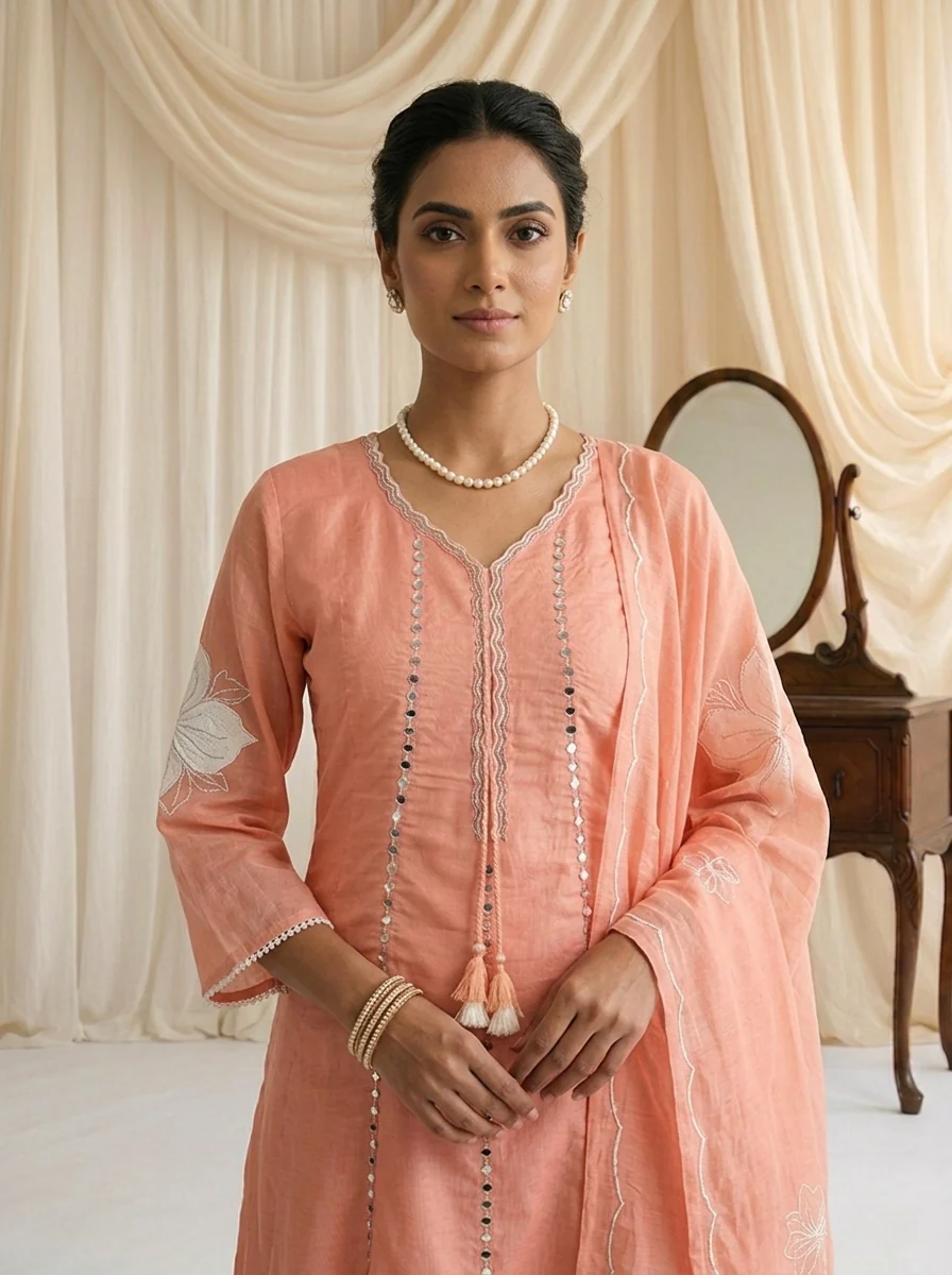 Peach Chanderi Mirror Embroidered Three Piece Set - Image 2