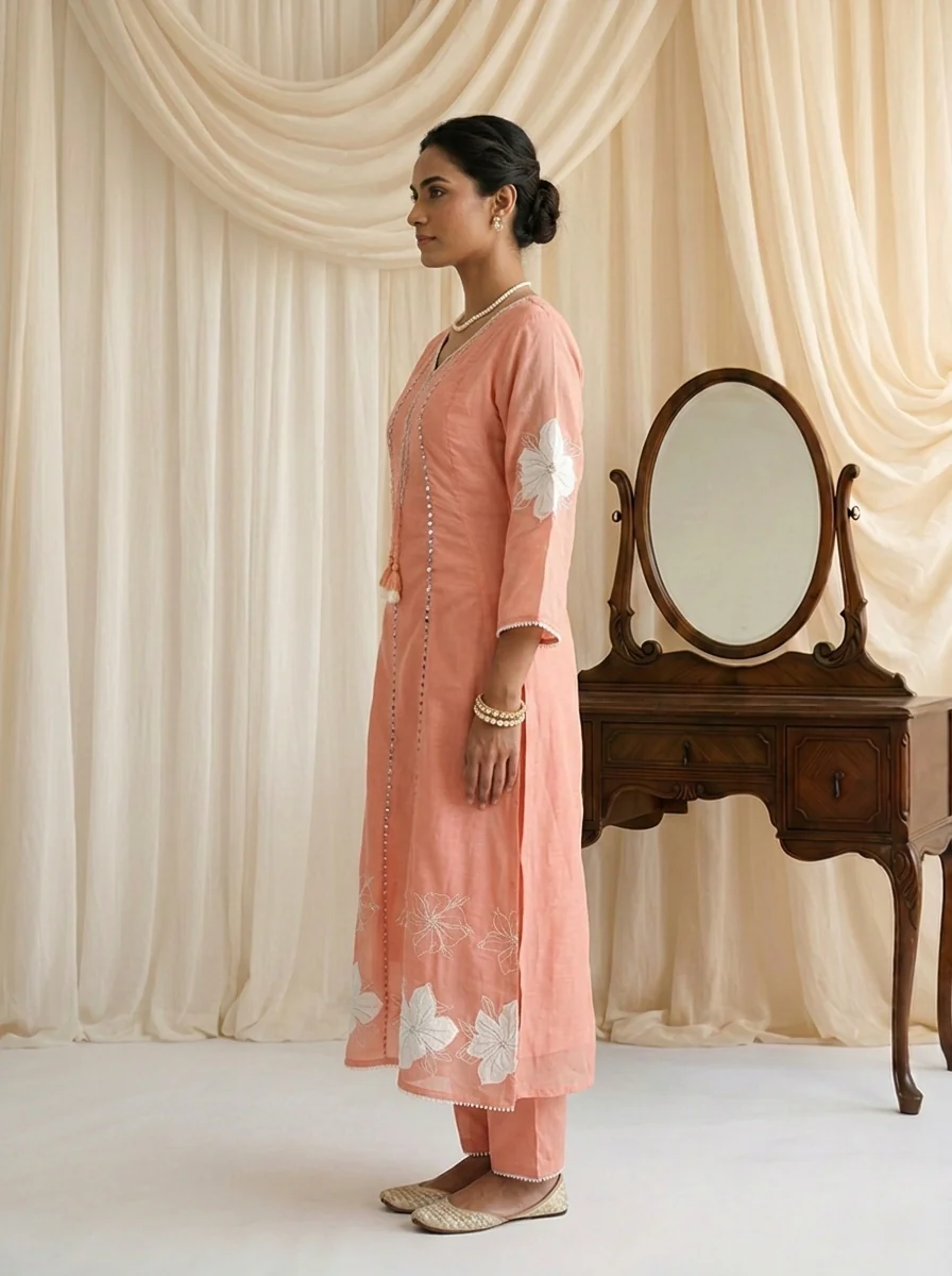 Peach Chanderi Mirror Embroidered Three Piece Set - Image 3