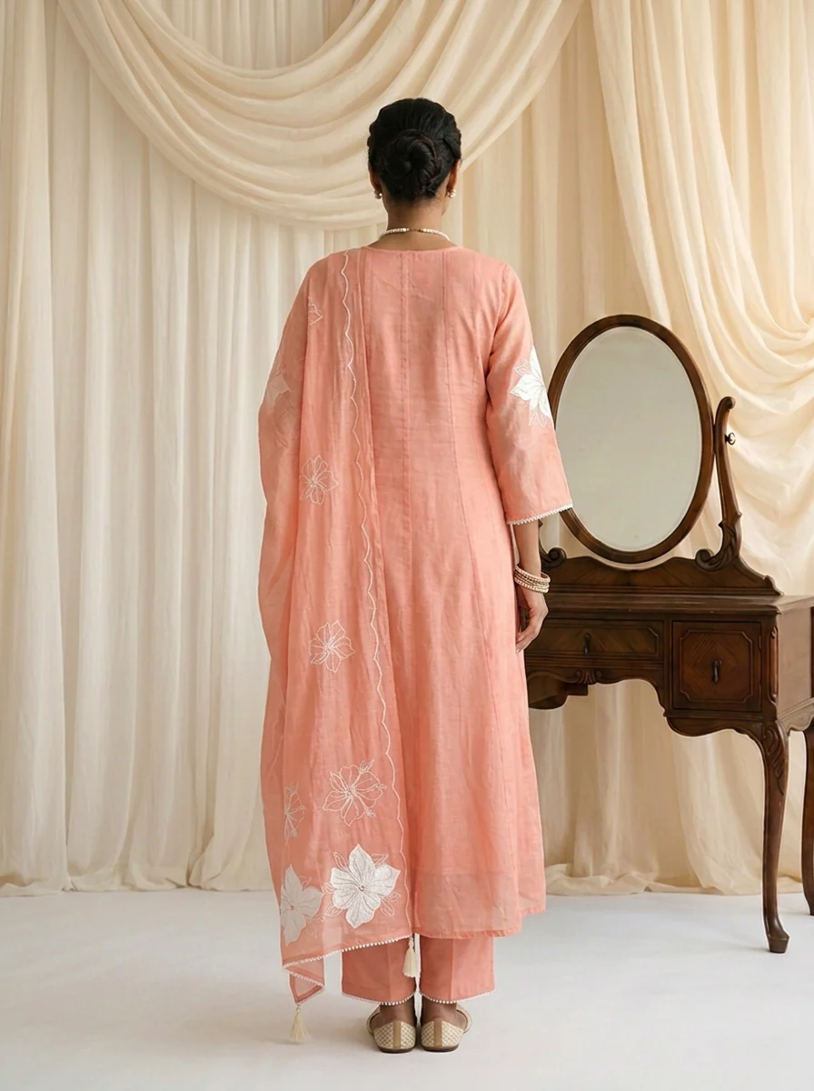 Peach Chanderi Mirror Embroidered Three Piece Set - Image 4