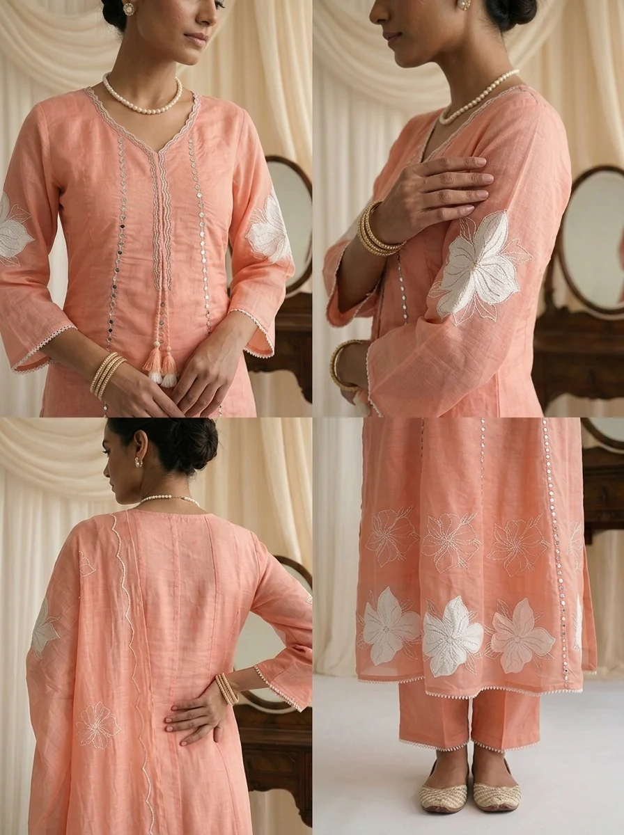 Peach Chanderi Mirror Embroidered Three Piece Set - Image 5
