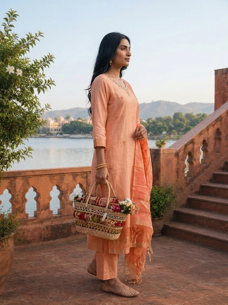 Peach Chanderi Silk Maple Leaf Weaved Three Piece Set - Image 3