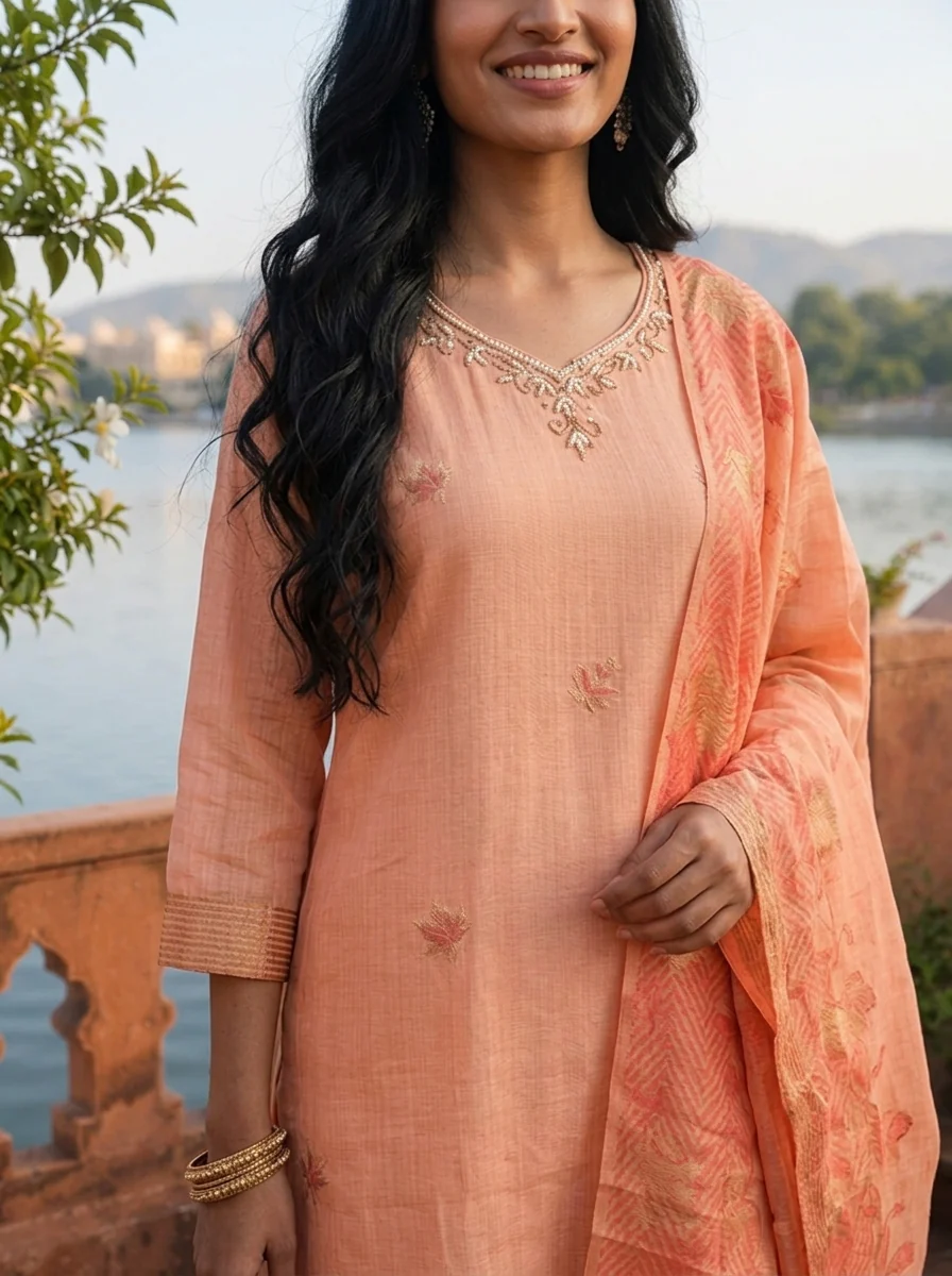 Peach Chanderi Silk Maple Leaf Weaved Three Piece Set - Image 4