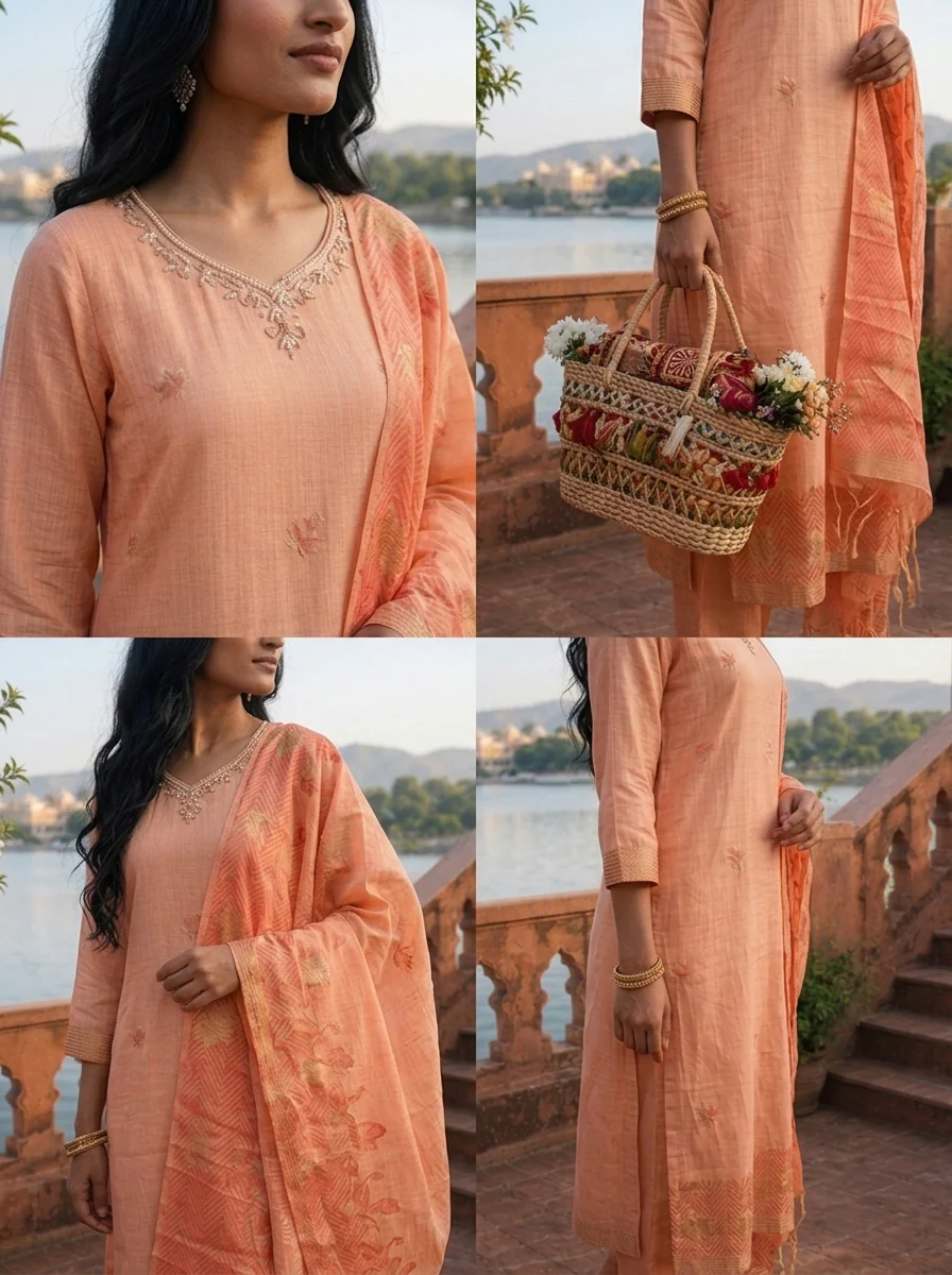 Peach Chanderi Silk Maple Leaf Weaved Three Piece Set - Image 5