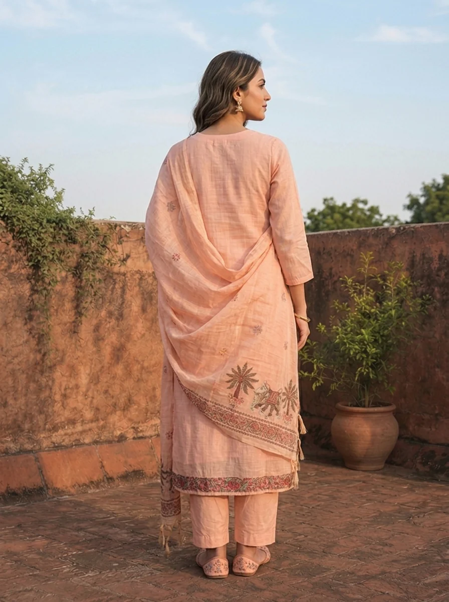 Peach Chanderi Silk Pichwai Motif Weaved Three Piece Set - Image 2