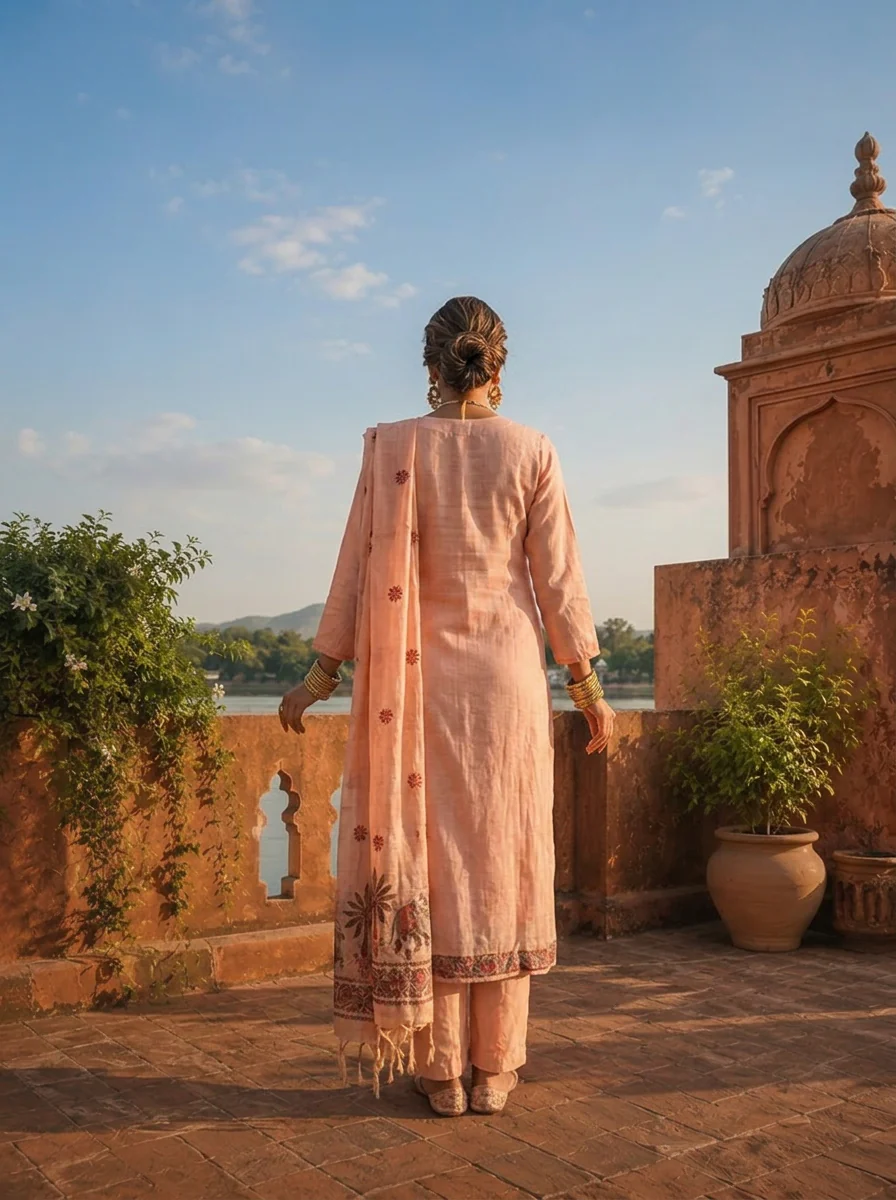 Peach Chanderi Silk Pichwai Motif Weaved Three Piece Set - Image 4