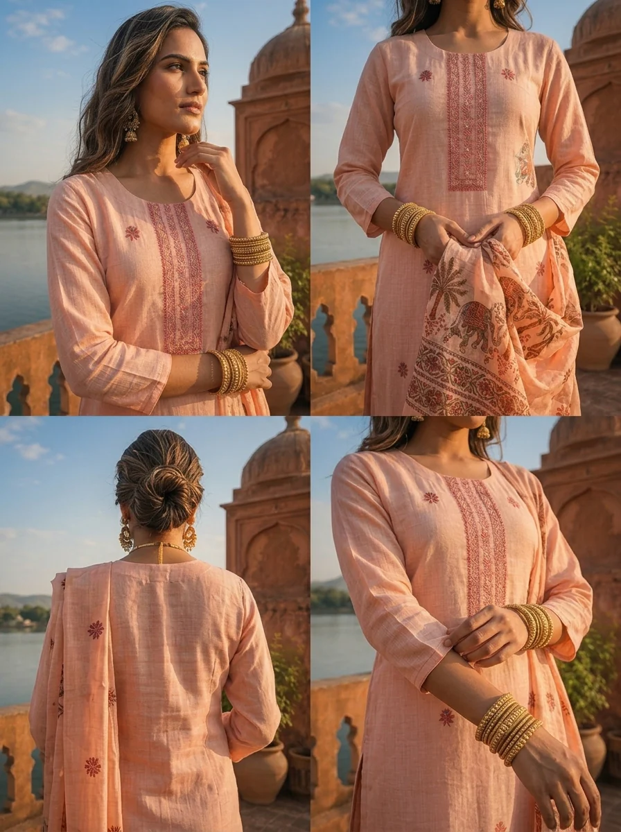 Peach Chanderi Silk Pichwai Motif Weaved Three Piece Set - Image 7