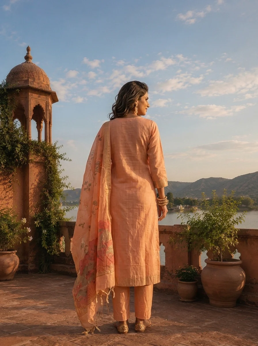 Peach Chanderi Silk Woven Botanical Motif Three Piece Set - Image 2