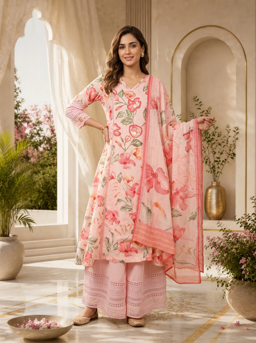 Peach Chikankari Mirror Embroidered And Printed Three Piece Set - Image 2