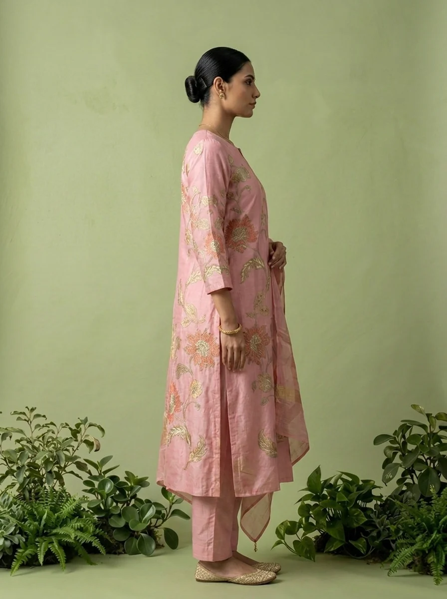 Peach Cotton Floral Printed Three Piece Set - Image 3