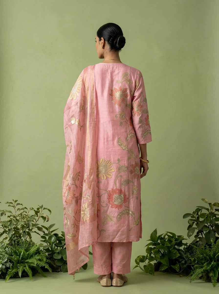Peach Cotton Floral Printed Three Piece Set - Image 4