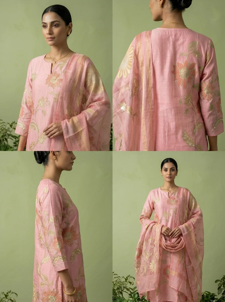 Peach Cotton Floral Printed Three Piece Set - Image 5