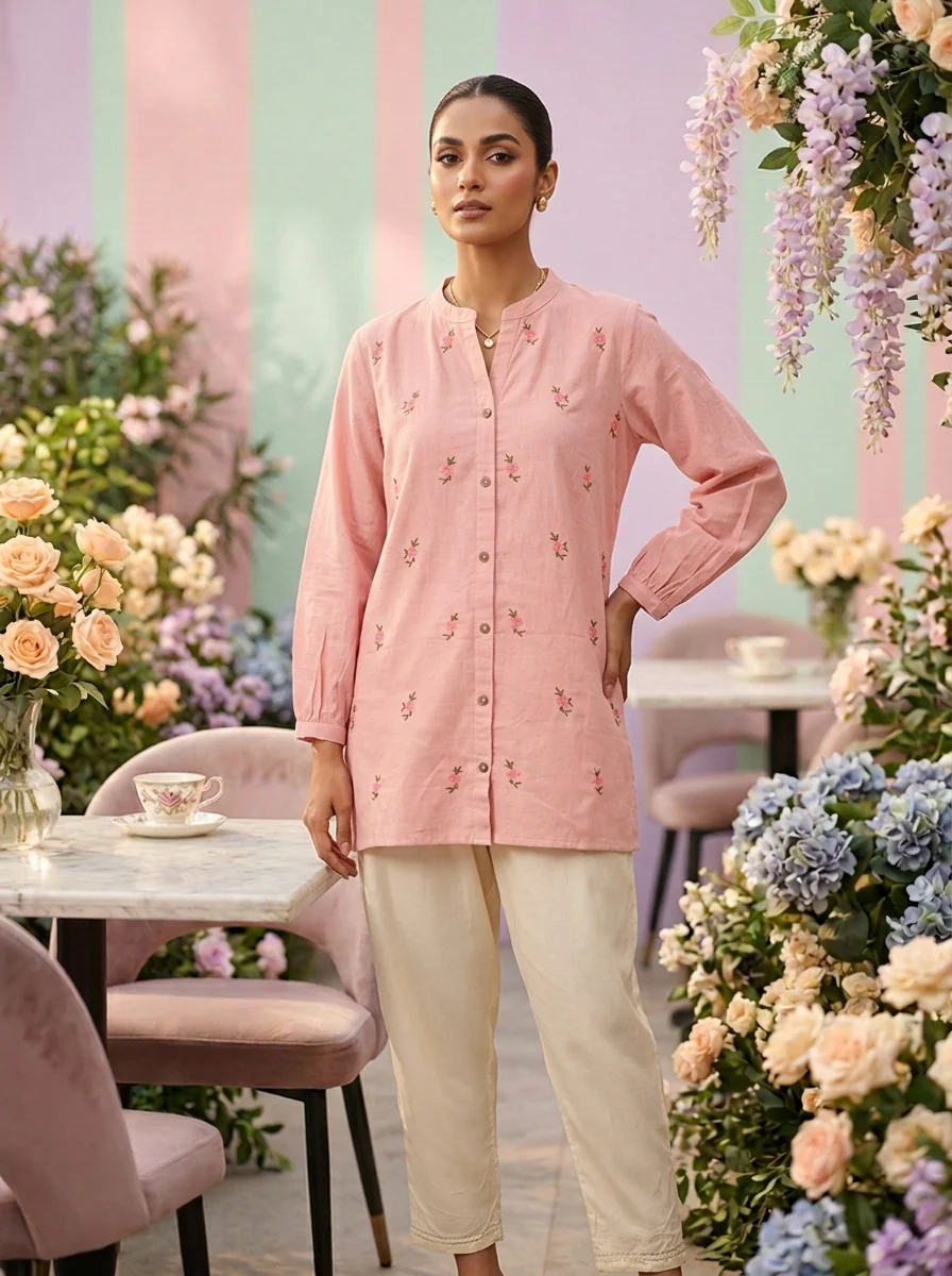 Peach Cotton Hand Embroidery Kurti - Image 2