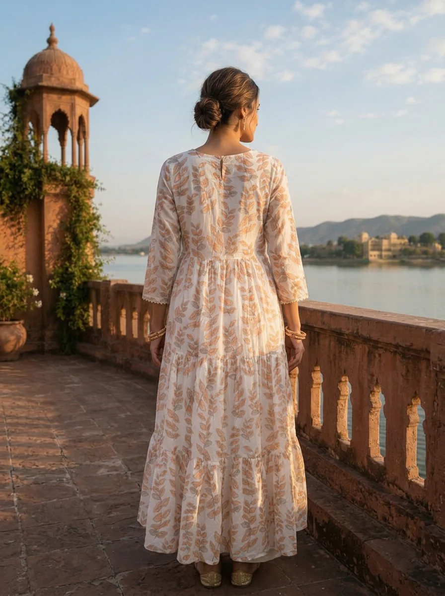 Peach Cotton Leaf Printed Dress - Image 2