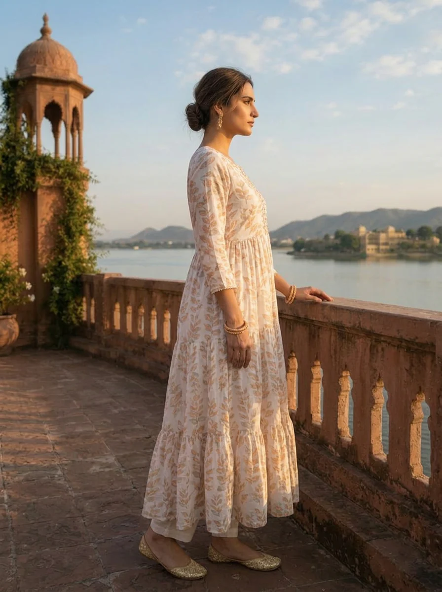 Peach Cotton Leaf Printed Dress - Image 3