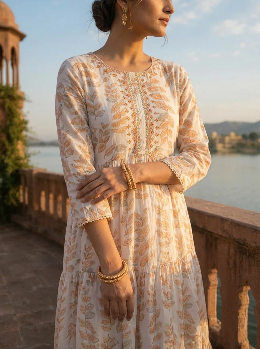 Peach Cotton Leaf Printed Dress - Image 4