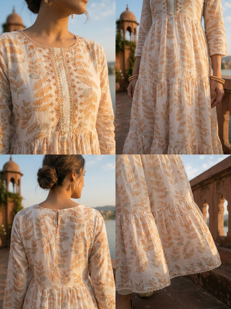 Peach Cotton Leaf Printed Dress - Image 5