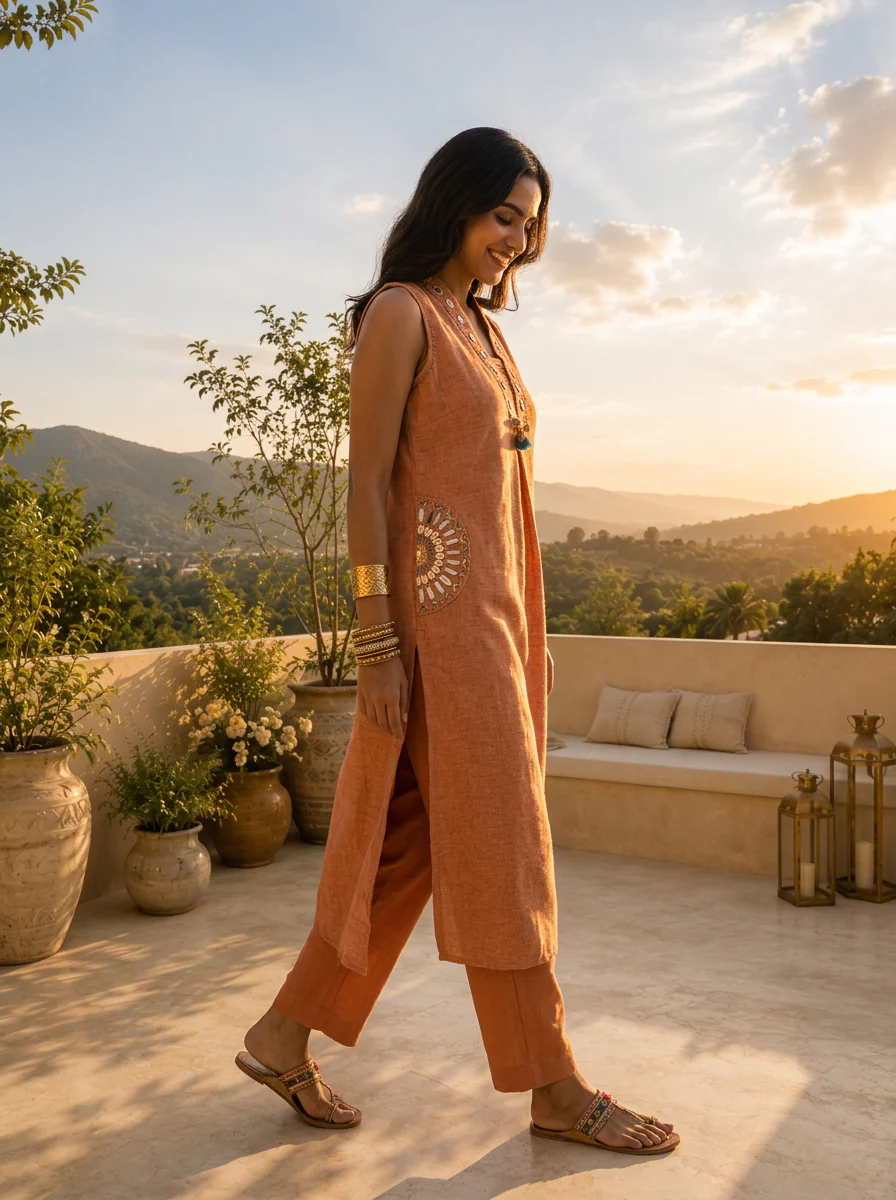 Peach Cotton Mirror Embroidery Two Piece Set - Image 2