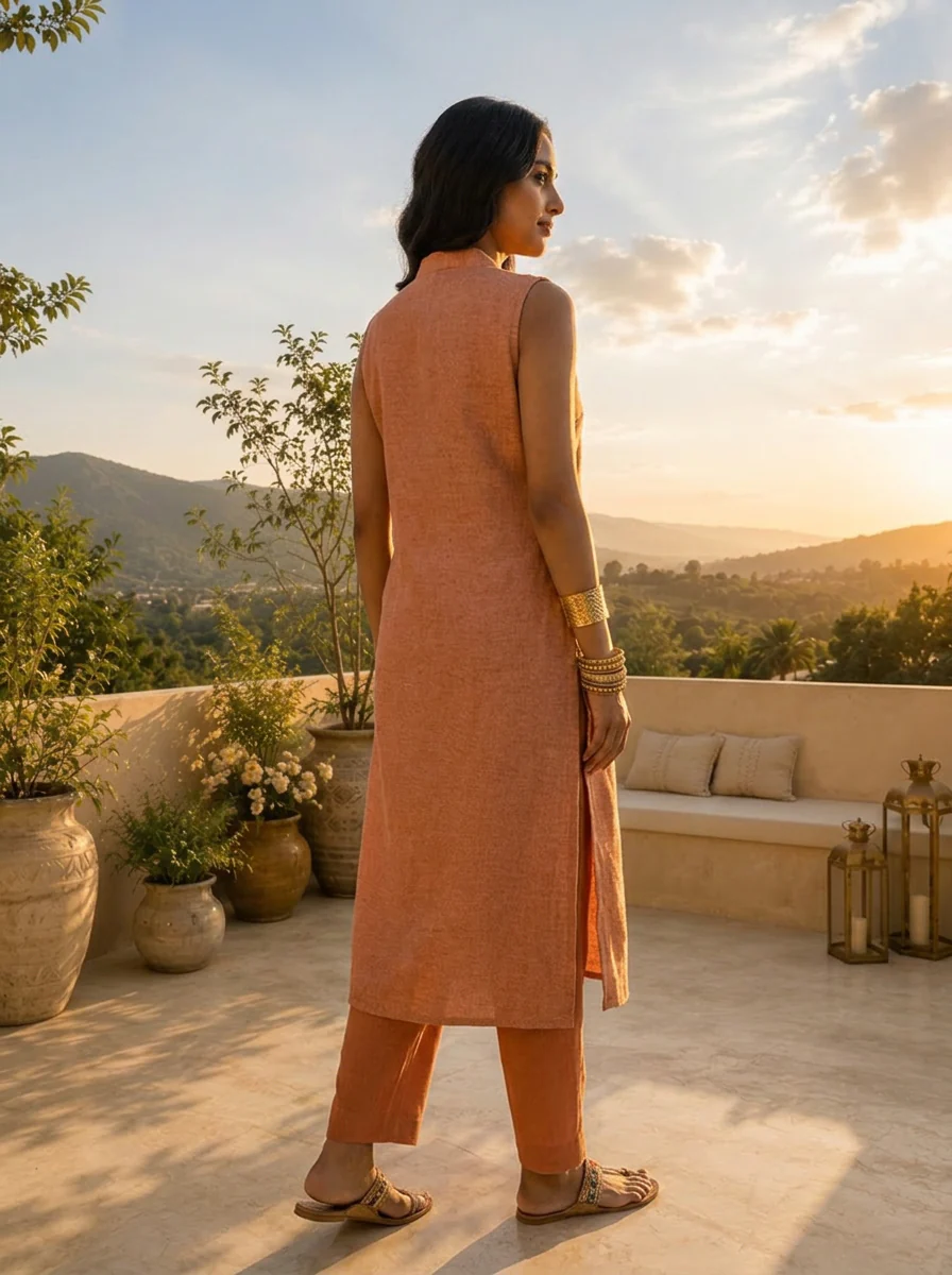 Peach Cotton Mirror Embroidery Two Piece Set - Image 3