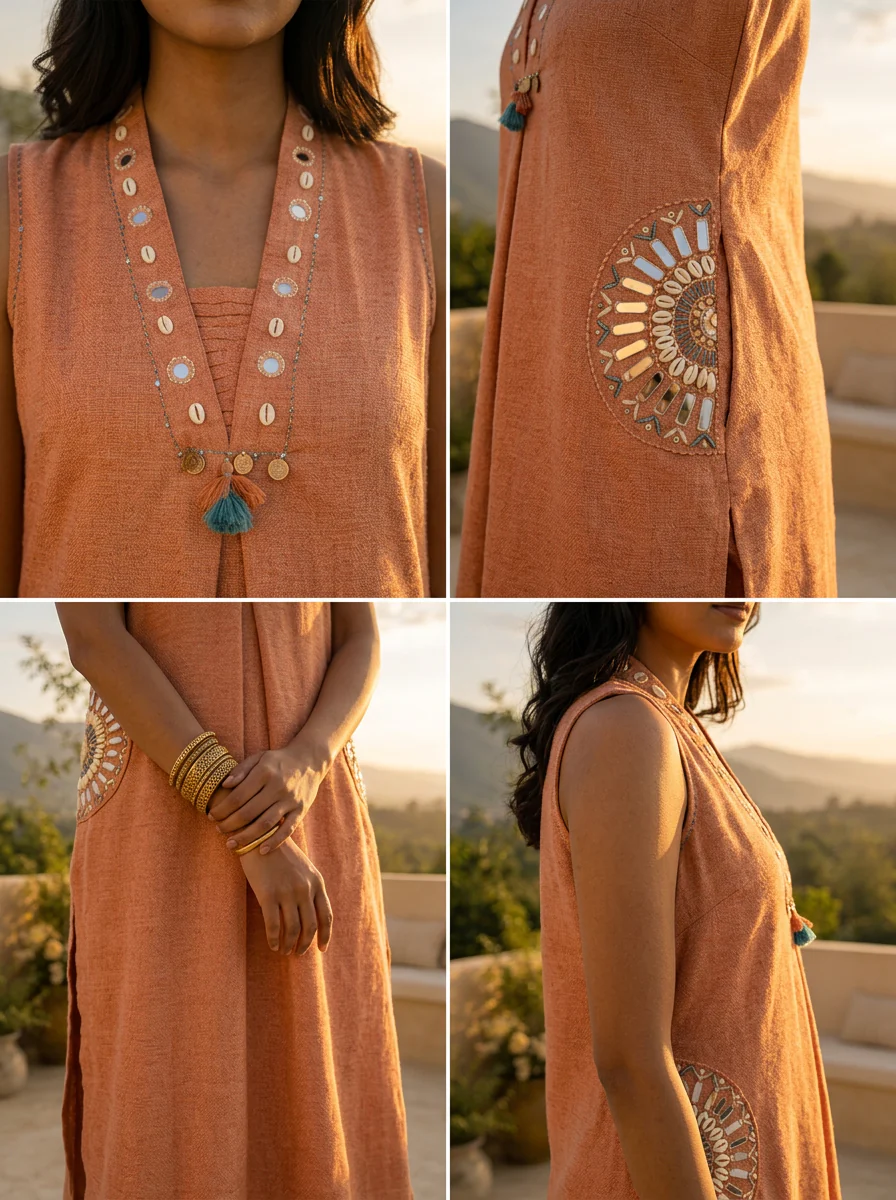 Peach Cotton Mirror Embroidery Two Piece Set - Image 5