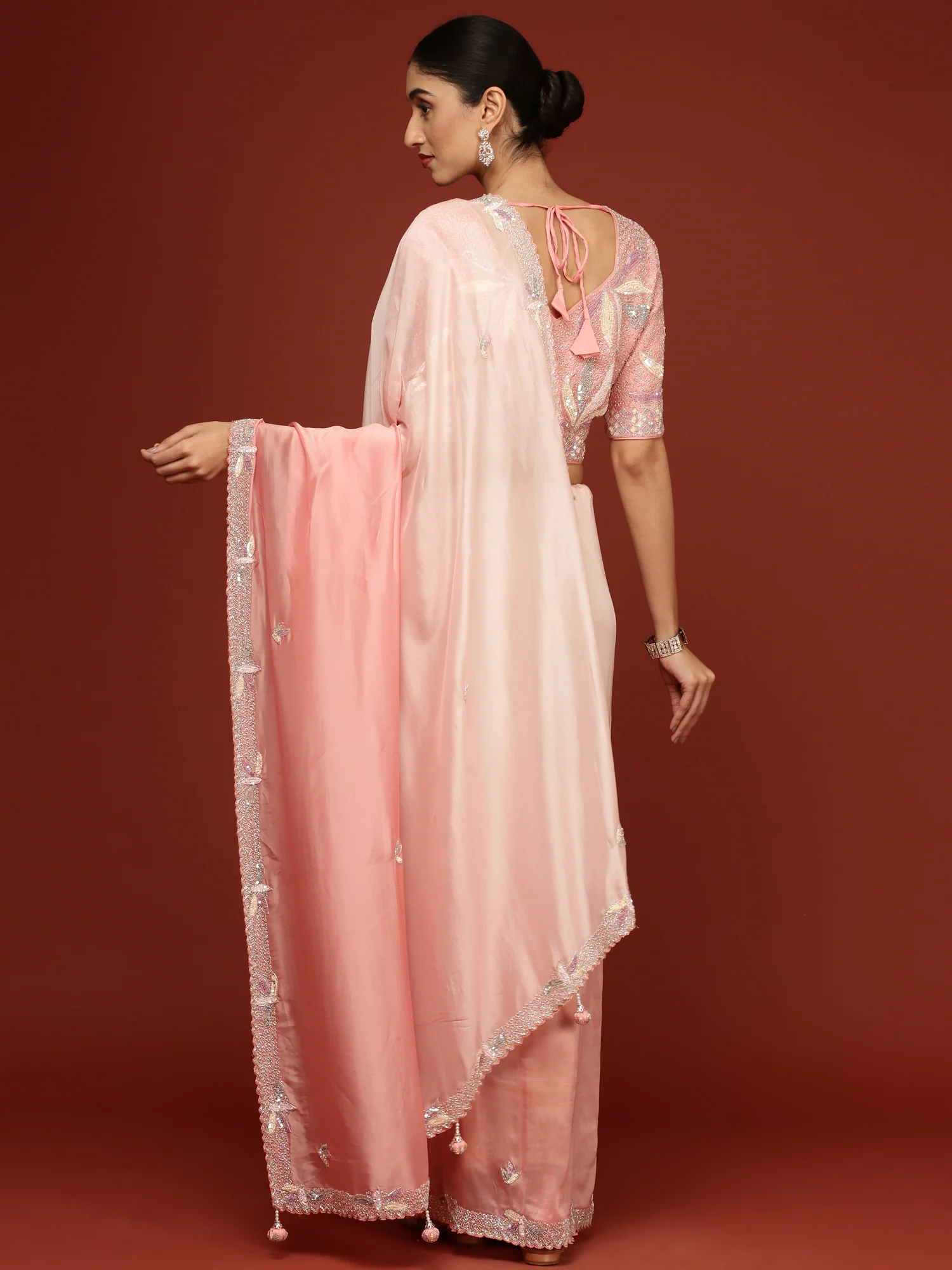 Peach Crepe Sequins Saree With Readymade Blouse - Image 2
