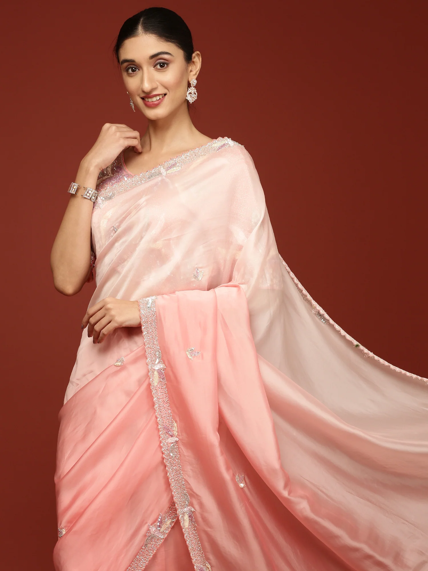 Peach Crepe Sequins Saree With Readymade Blouse - Image 3