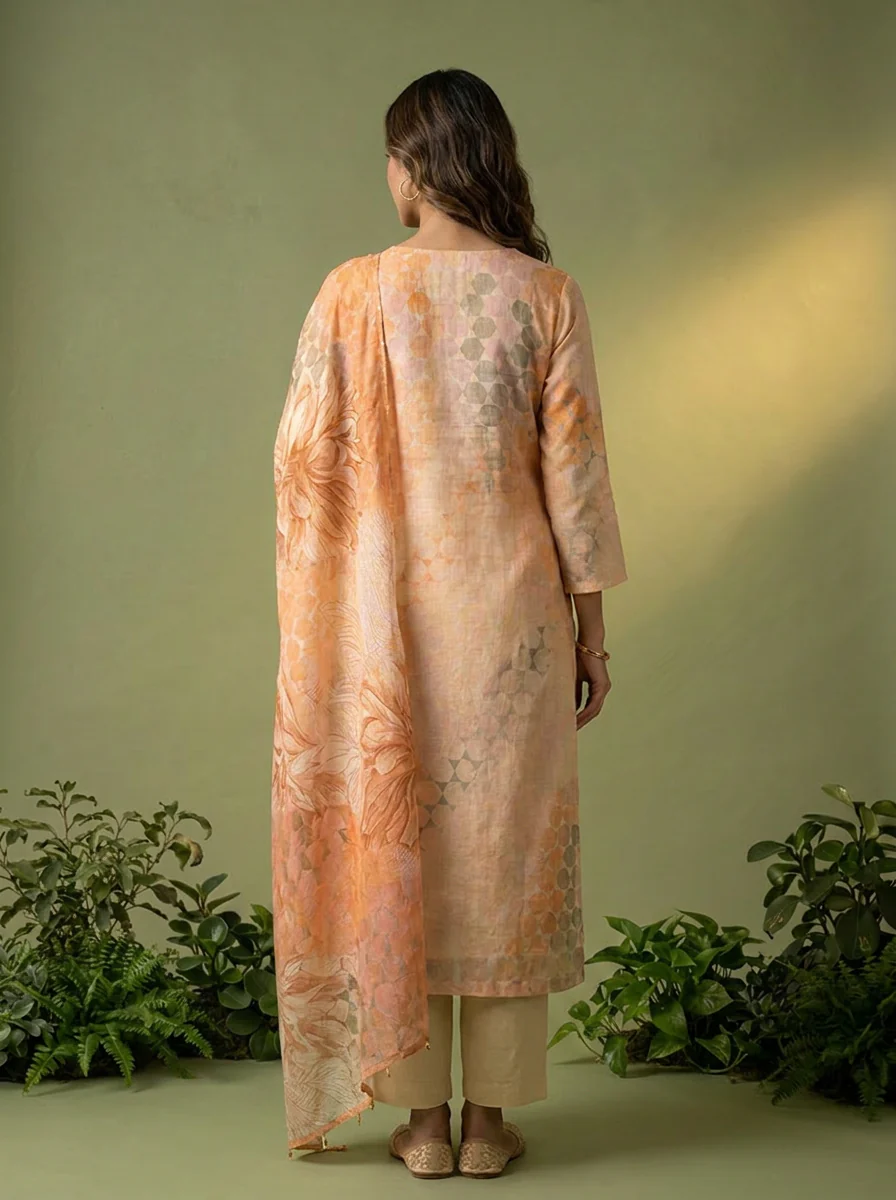 Peach Floral Printed Chanderi Three Piece Set - Image 3