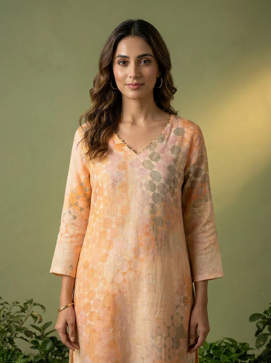 Peach Floral Printed Chanderi Three Piece Set - Image 4