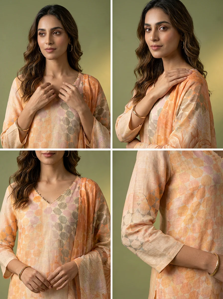 Peach Floral Printed Chanderi Three Piece Set - Image 5