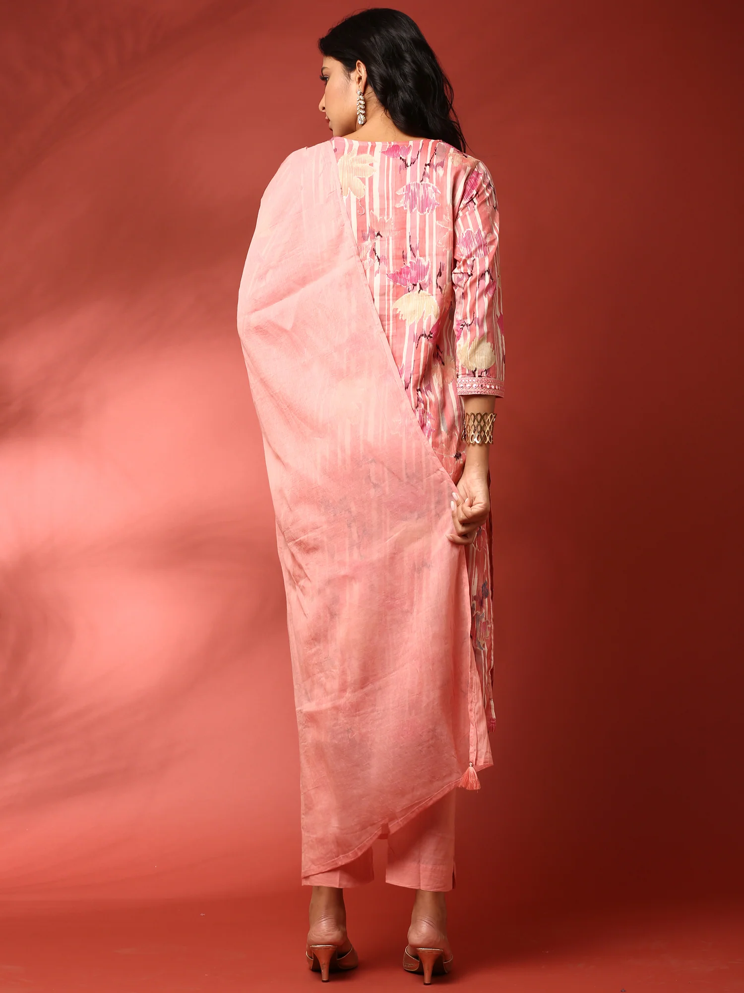 Peach Floral printed three piece cotton suit set - Image 3