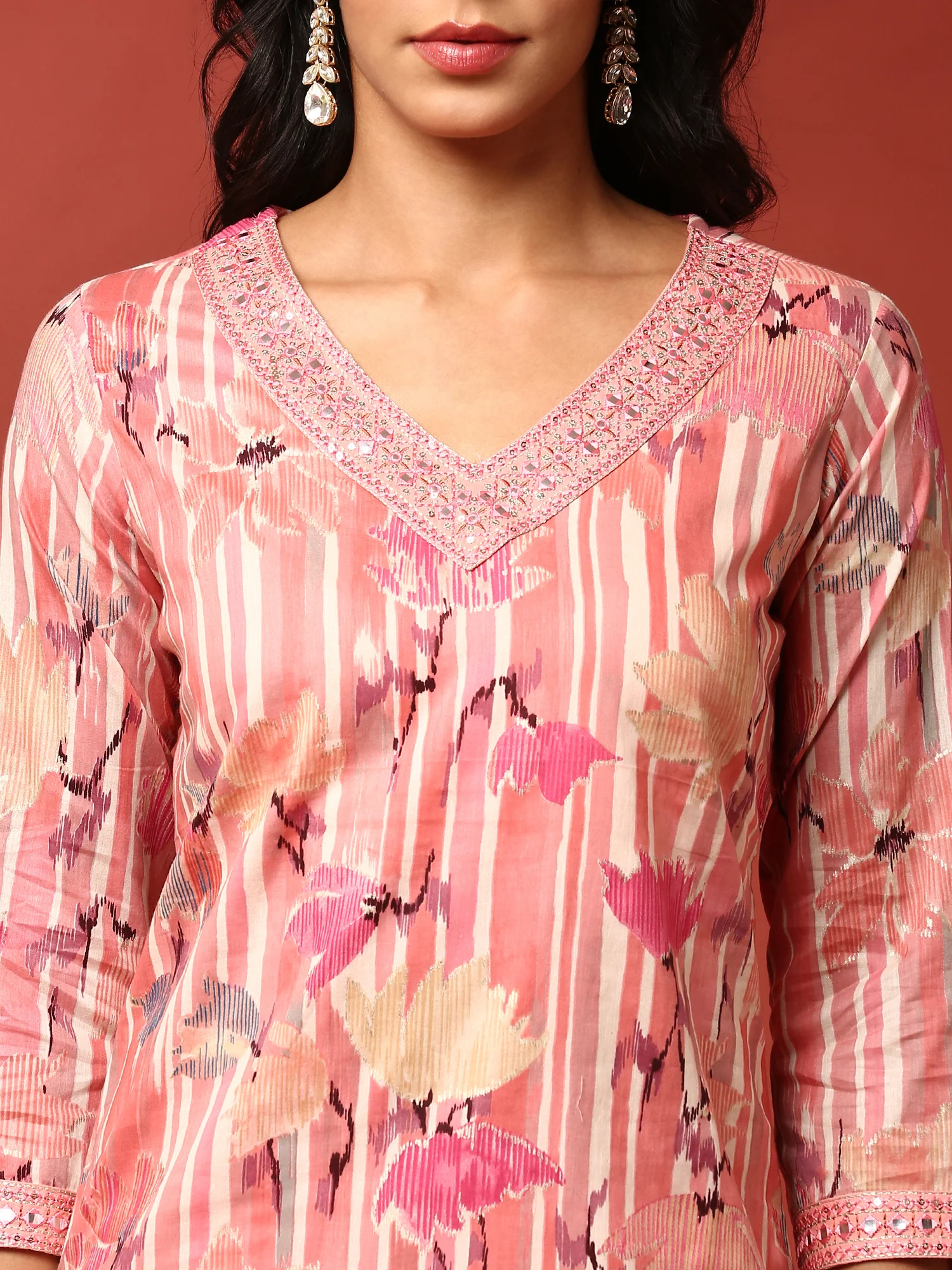 Peach Floral printed three piece cotton suit set - Image 4