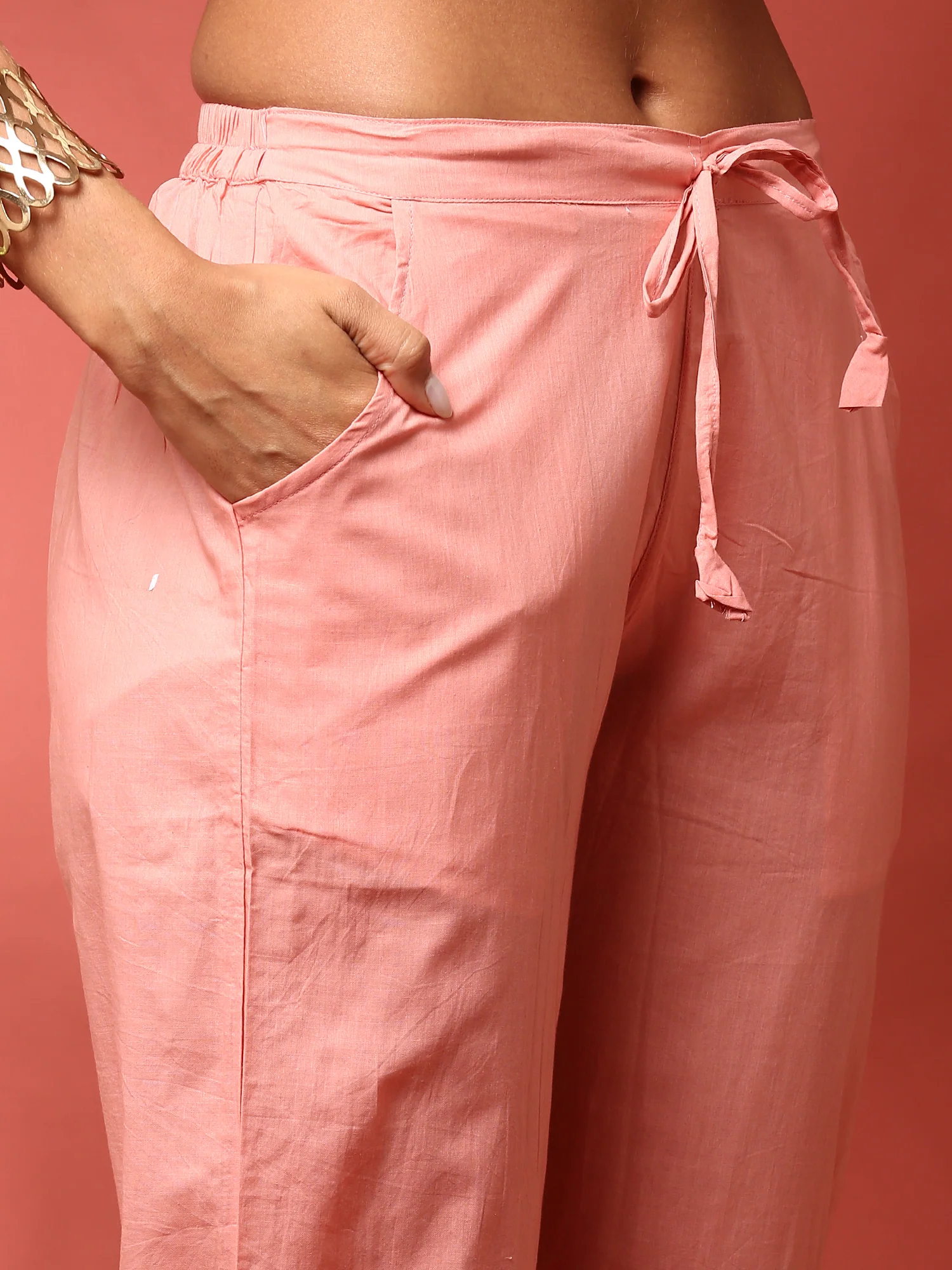 Peach Floral printed three piece cotton suit set - Image 7