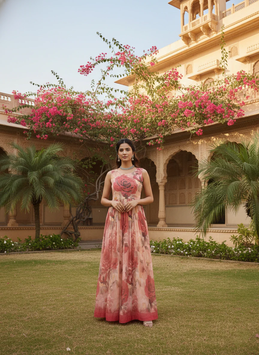 Peach Georgette Floral Digital Print Long Dress - Image 3