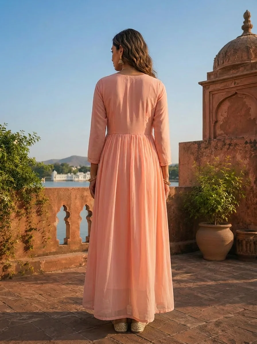 Peach Georgette Floral Sequence Dress - Image 2