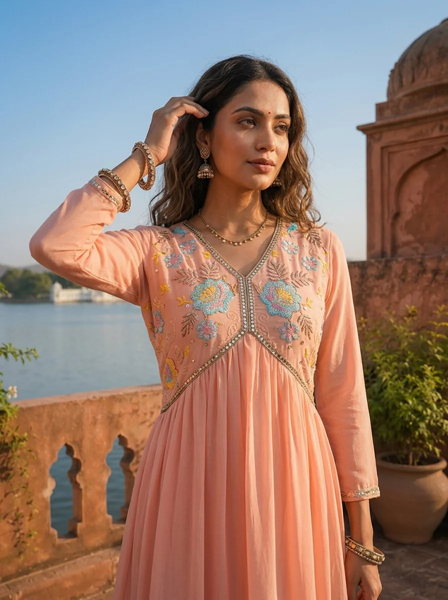 Peach Georgette Floral Sequence Dress - Image 3