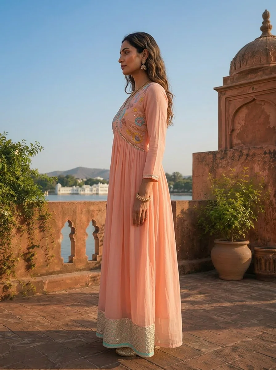 Peach Georgette Floral Sequence Dress - Image 4