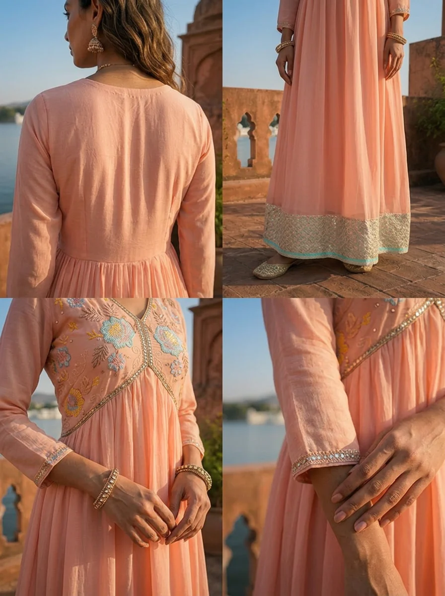 Peach Georgette Floral Sequence Dress - Image 5
