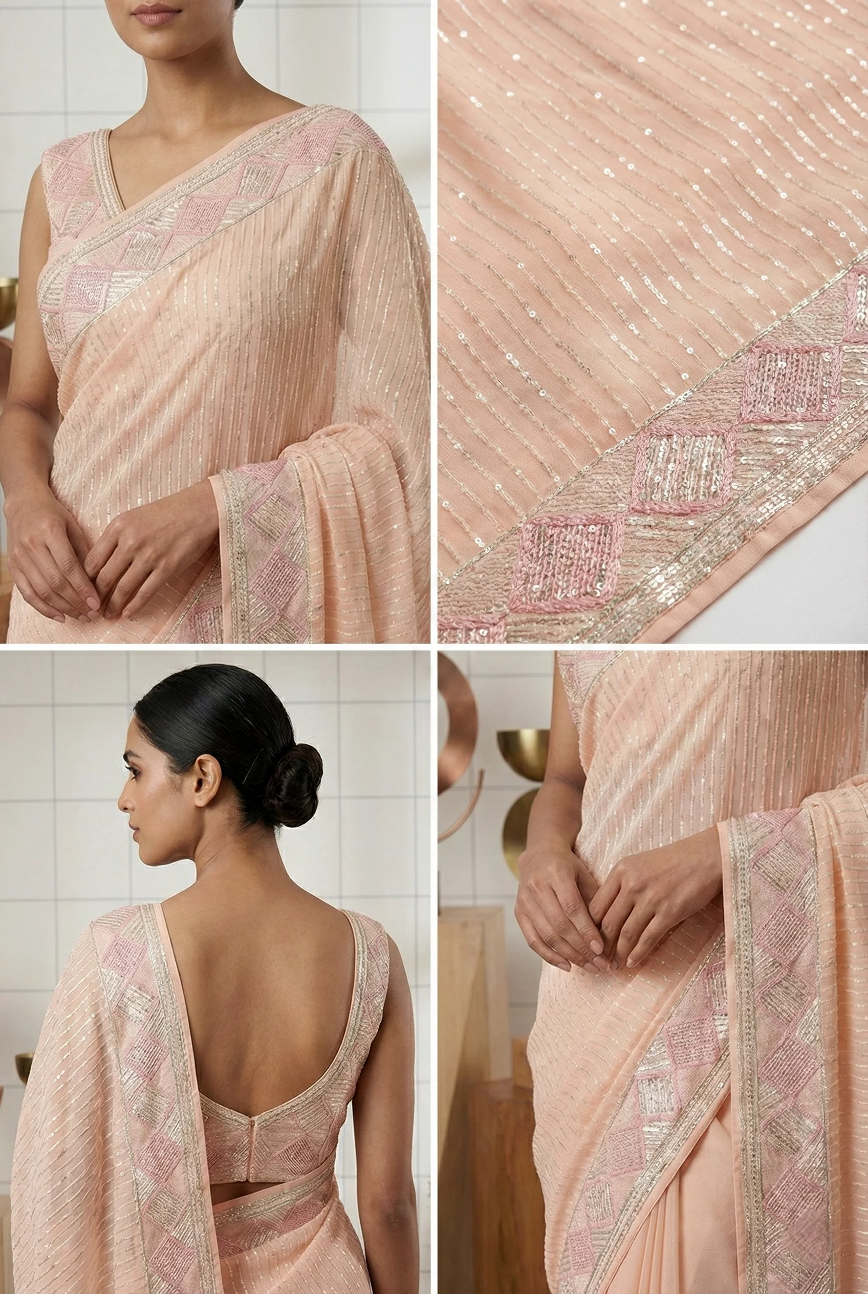 Peach Georgette Sequins Embroidery Saree - Image 3