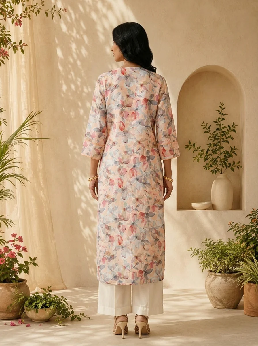 Peach Heavy Floral Printed Linen Kurta - Image 2