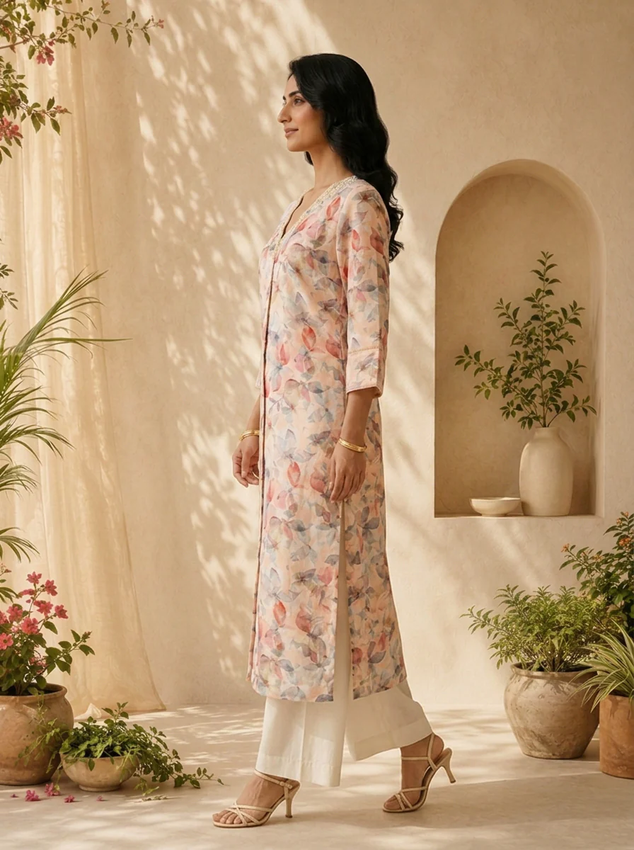 Peach Heavy Floral Printed Linen Kurta - Image 3