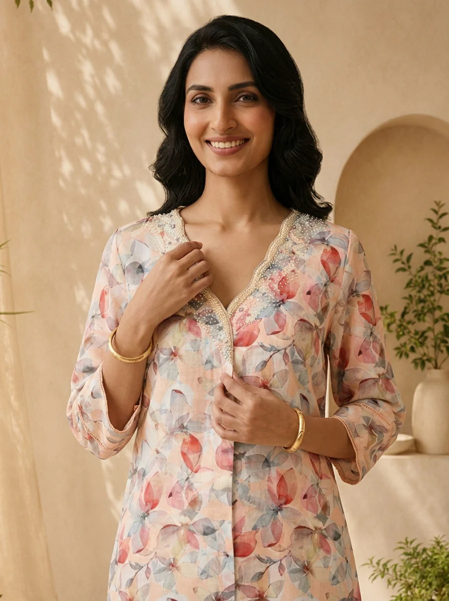 Peach Heavy Floral Printed Linen Kurta - Image 4