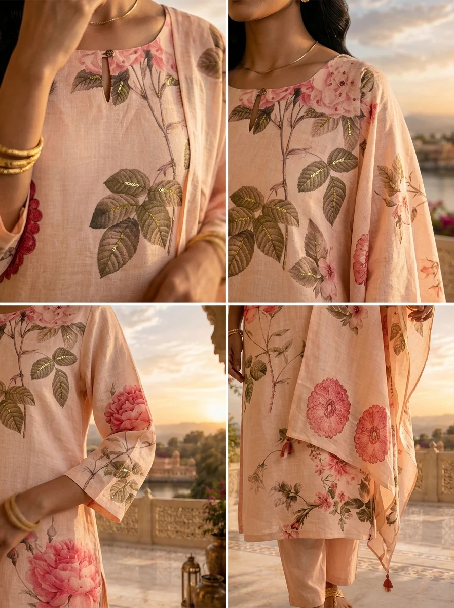 Peach Linen Botanical Printed Three Piece Set - Image 5