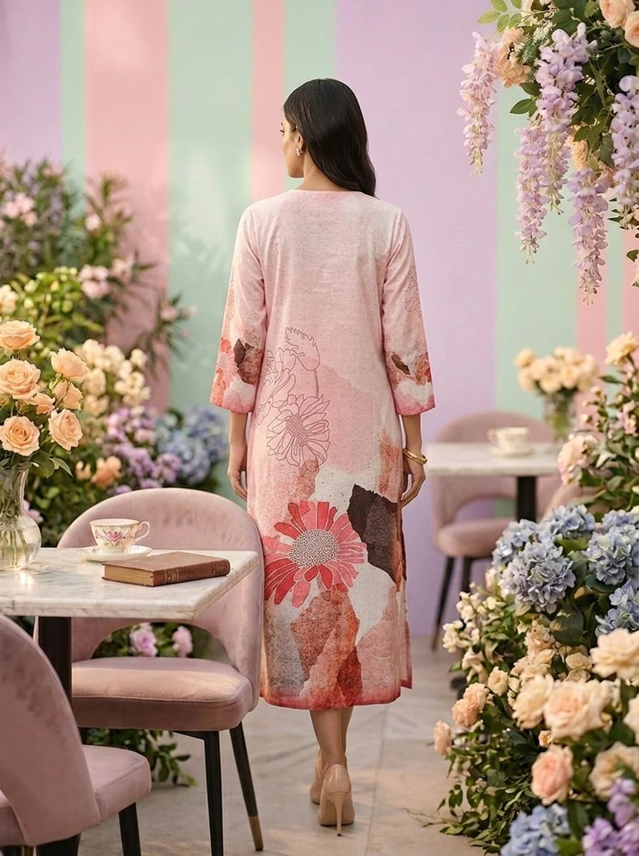 Peach Linen Floral Printed Kurta - Image 2