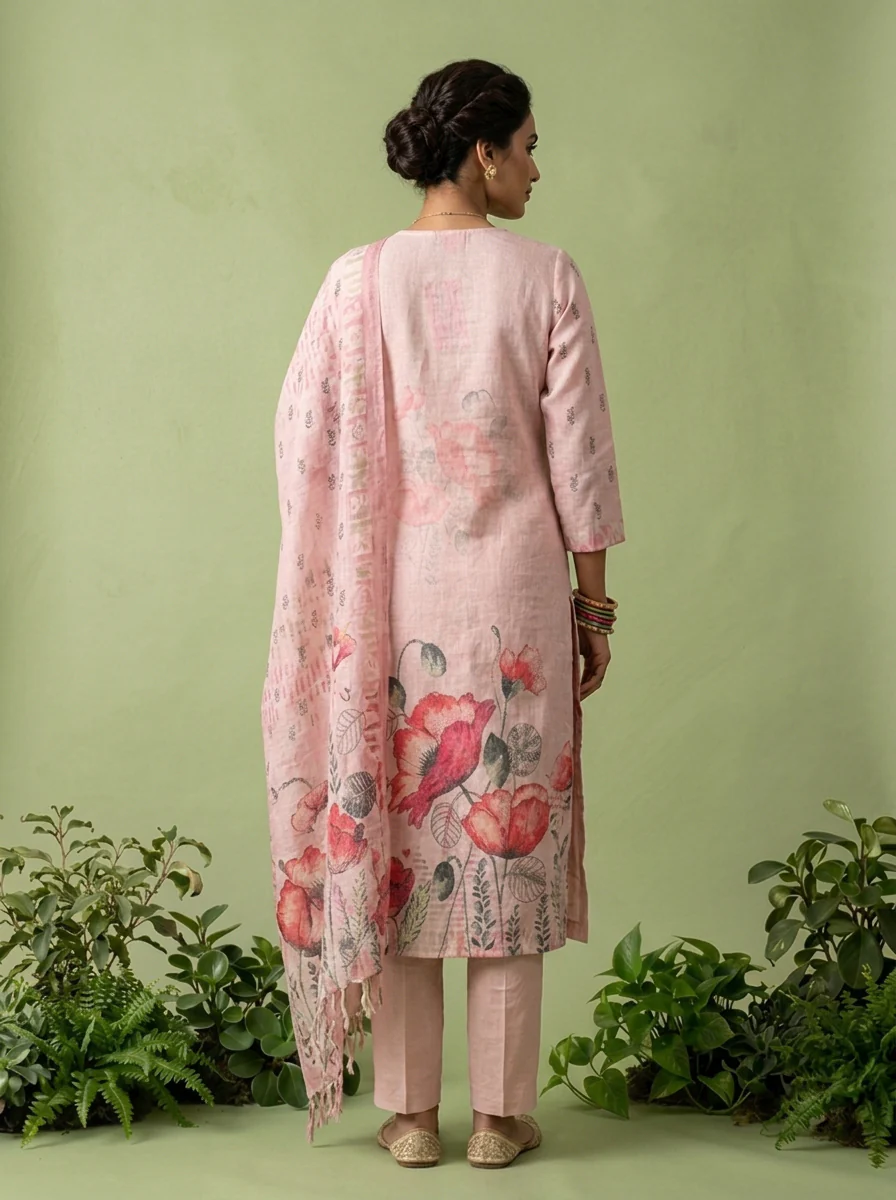 Peach Linen Floral Printed Three Piece Set - Image 3