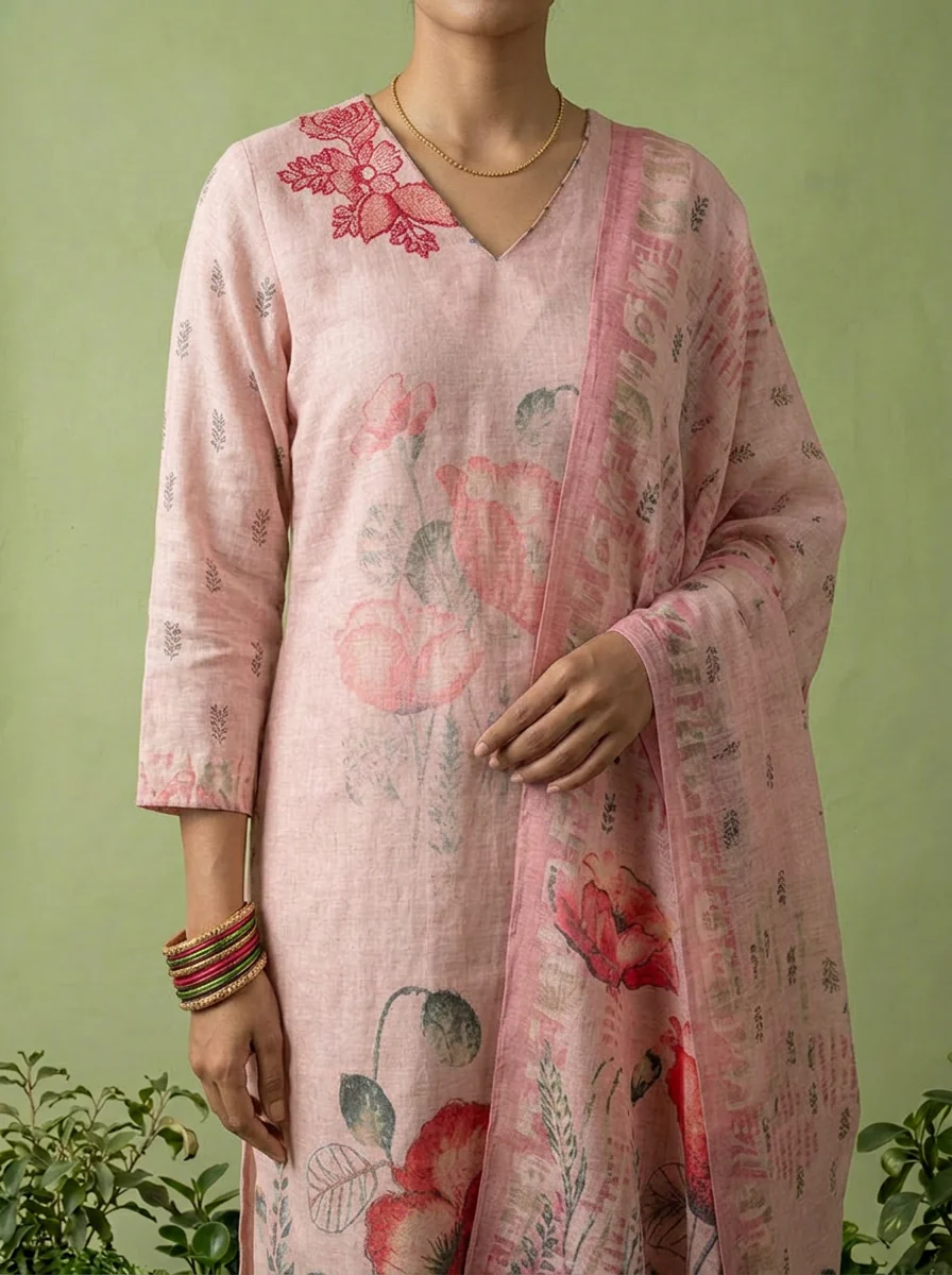 Peach Linen Floral Printed Three Piece Set - Image 4
