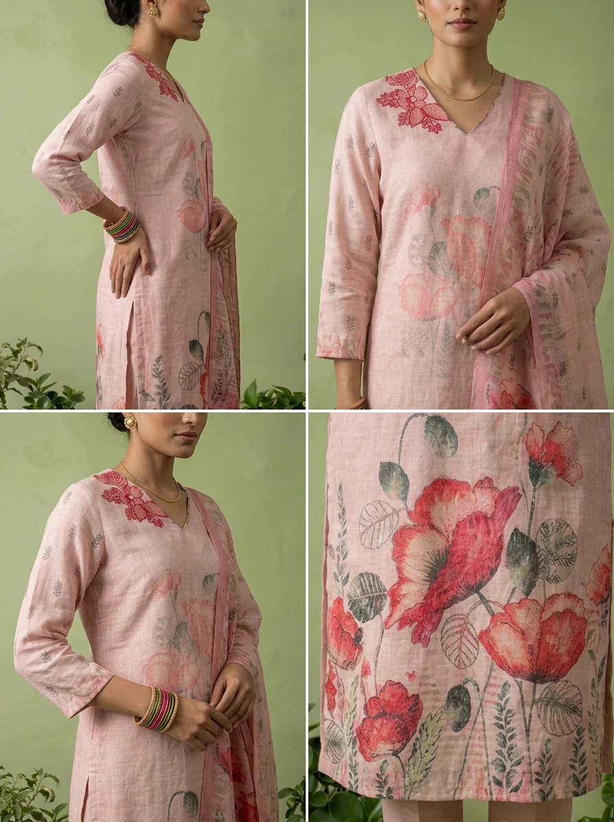 Peach Linen Floral Printed Three Piece Set - Image 5
