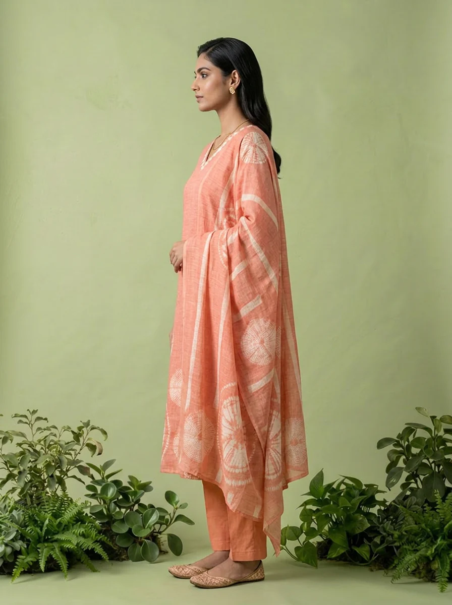 Peach Linen Floral Thread Embroidery And Printed Three Piece Set - Image 3