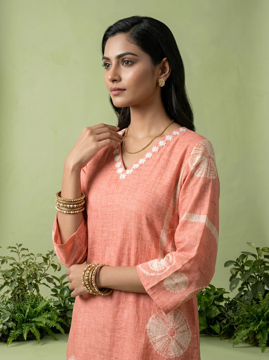 Peach Linen Floral Thread Embroidery And Printed Three Piece Set - Image 4
