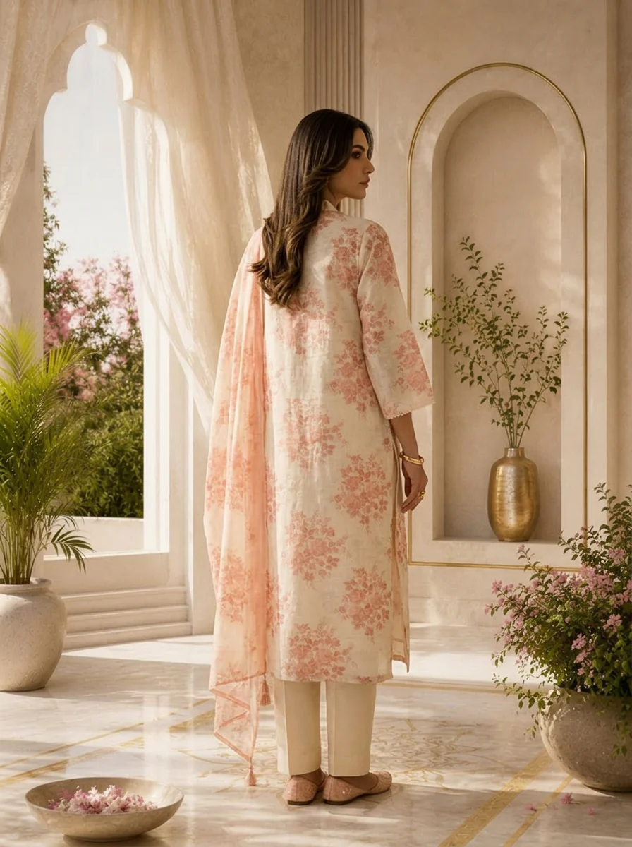 Peach Linen Printed Three Piece Set - Image 2