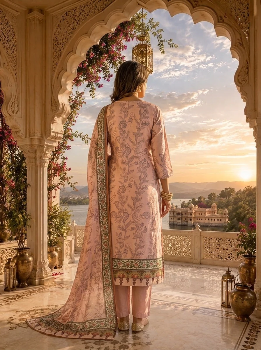 Peach Linen Tonal Floral Printed Three Piece Set - Image 2