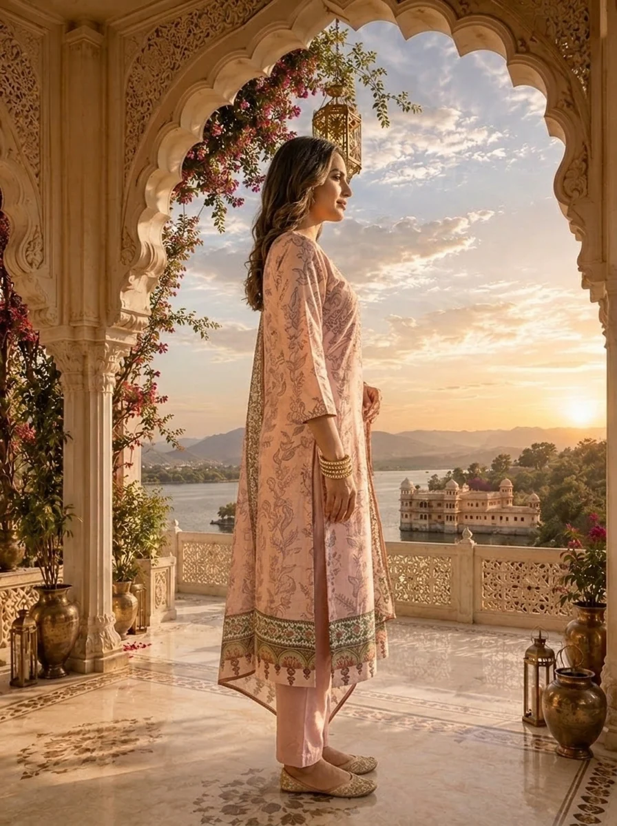 Peach Linen Tonal Floral Printed Three Piece Set - Image 3